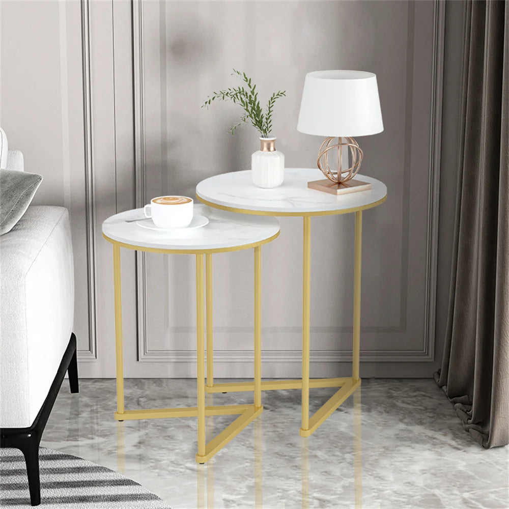 Accent Table-Modern Round Marble Metal Base Nesting Set Side Accent Table Living Room Storage Small End Table, Set of 2, Marble and Gold