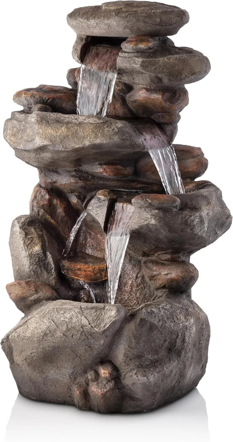 Water Fountain-White LED Lights, Rock Water Feature, 4 Tier Cascading Streams, 40" Floor Fountain, Tranquil Outdoor Water Feature, Garden, Patio, Yard