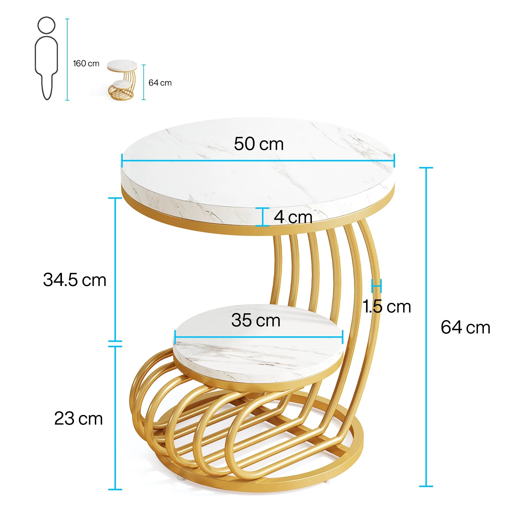 Accent Table-Gold Round Table, 2 Tiers Faux Marble Side Table, Table with Storage Shelf, Modern White Gold Bedside Table, Tribesigns