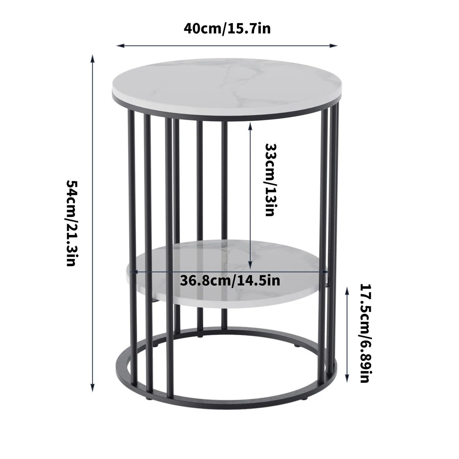 Accent Table- 2 Tier Sintered Stone End Table, Round White Sofa Table, Side Table, Small Coffee Table with Black Frame, Bedside Nightstand