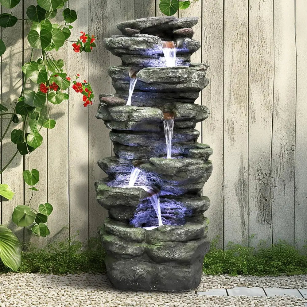 Water Fountain- 6-Tier Rock Outdoor Water Fountain with LED Lights - Large Cascading Waterfalls for Patio, Garden, and Yard Decor