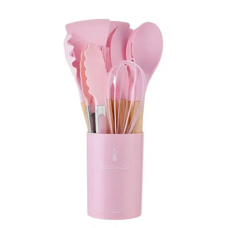 Home Kitchen: Utensil: Silicone with Wooden Handle - 12 Pcs Set - Non-stick Kitchenware