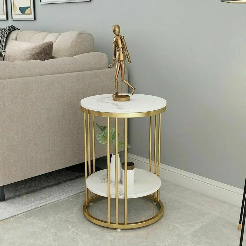 Accent Table- 2-Tier White Marble Side Table, Round Coffee Table, Nightstand, Jewelry Storage