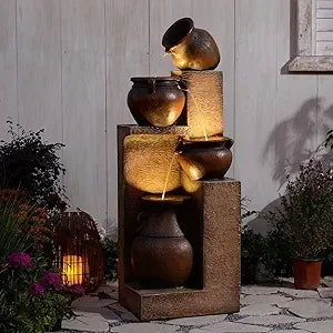 Modern Cascading Garden Fountain 53" – Four-Tier Waterfall Crocks with Warm Glow Lighting for Outdoor Decor