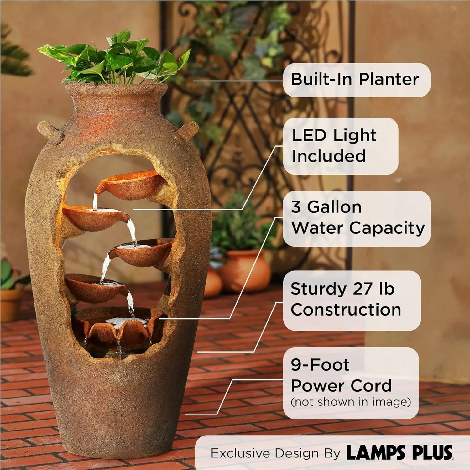 Water Fountain-Cascade Rustic Faux Stone Floor Fountain, Urn Waterfalls Fountain, 33" High with LED Light, Planter Waterfall