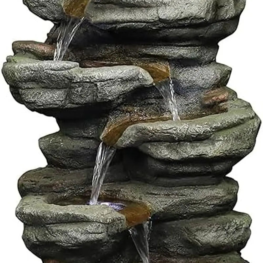 Water Fountain-LED Lights, 6-Tiers, Rock Natural, Waterfall, Outdoor, Floor Standing, Garden, 30.7 in, Home Garden
