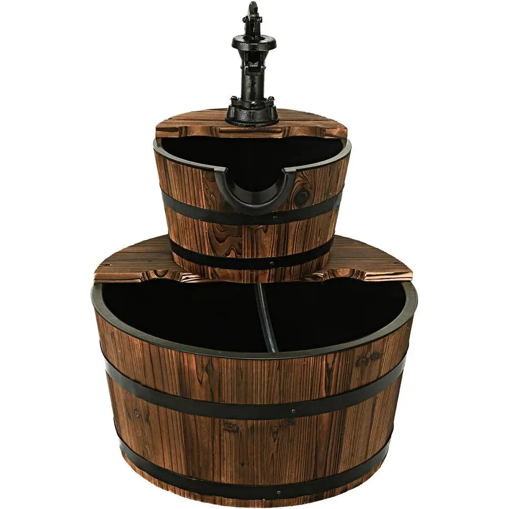 Water Fountain- 2-Tier Barrel Waterfall Fountain, Outdoor, Rustic Wood Barrel, Cascading Water Fountain with Electric Pump, Outdoor Water Feature