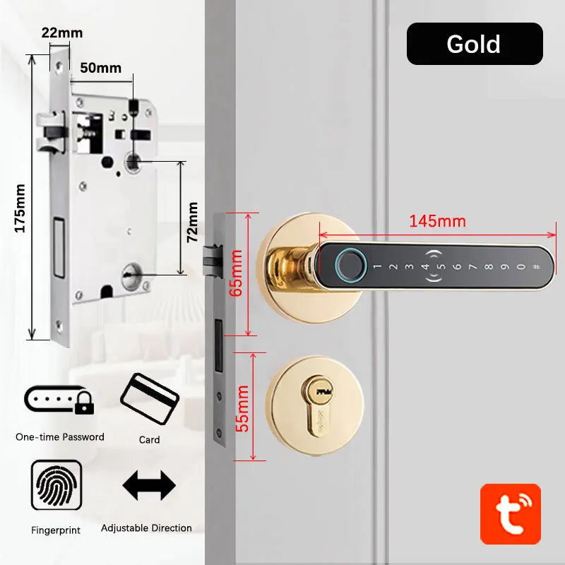 Smart Fingerprint Door Lock Handle – Keyless Entry with Keypad, Key Card & Backup Key for Home or Apartment