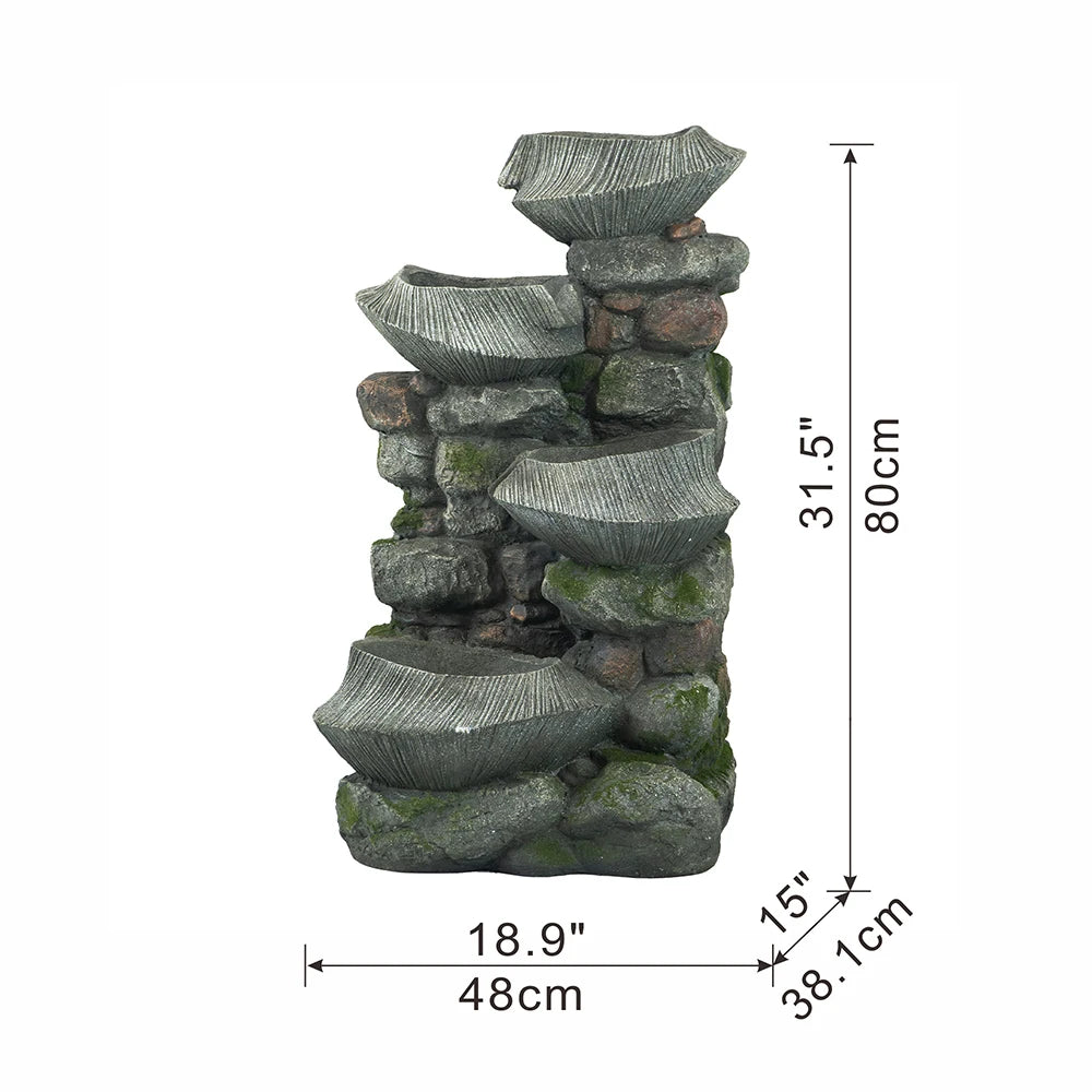 Water Fountain-19x15x31.5" Indoor Outdoor Stone Water Fountain, 4-Tier Polyresin Cascading Rock Bowl Fountain, Freestanding Fountain with LED Ligh