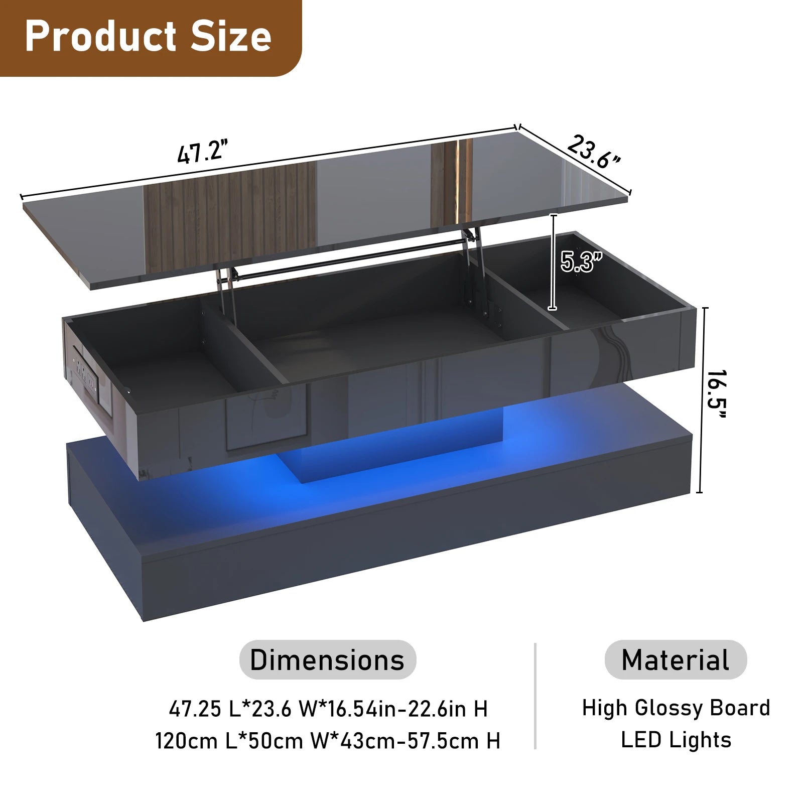 Coffee Table-High Glossy Coffee Table, LED Center Table with Open Display Shelf & Large Storage Space Table