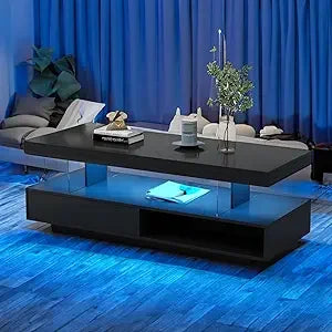 Coffee Table - Modern LED - 2 Tiers White Gloss - with Storage Shelf, Stylish Living Room Centerpiece