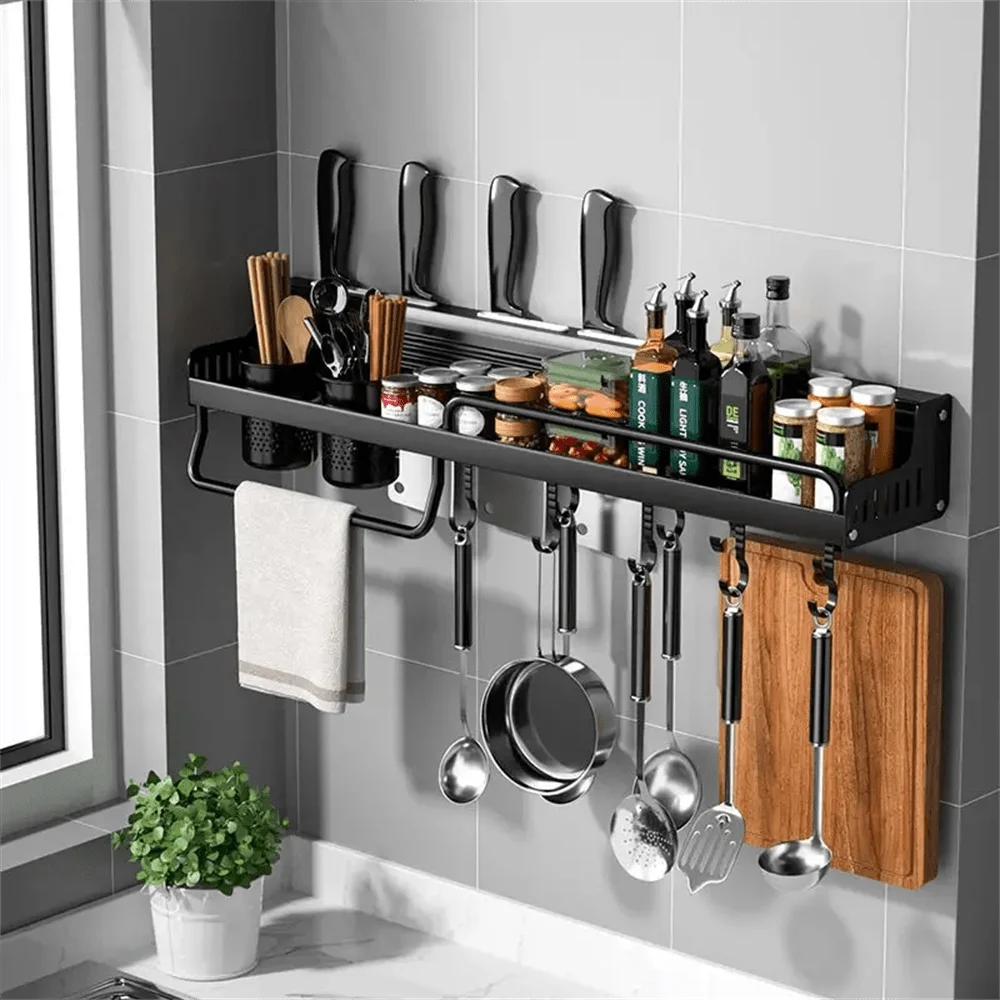 Home Kitchen: Organizer Rack: Hanging Wall Mount - Space-Saving for Spices/Oils,etc., with Utensils Hooks