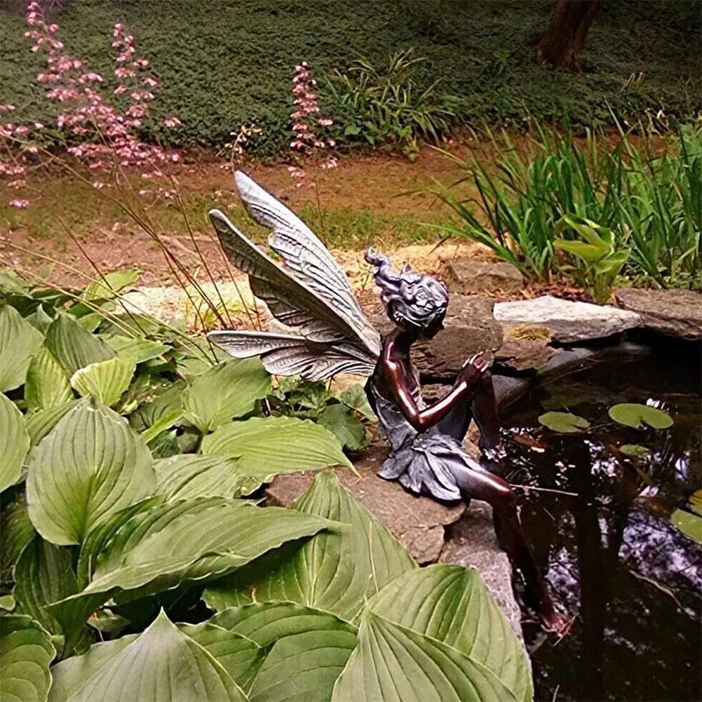 Figurines-Flower Fairy Resin Statue Decoration Outdoor Garden Angel Girl Sitting Figurines Sculpture Landscaping Yard Art Ornament