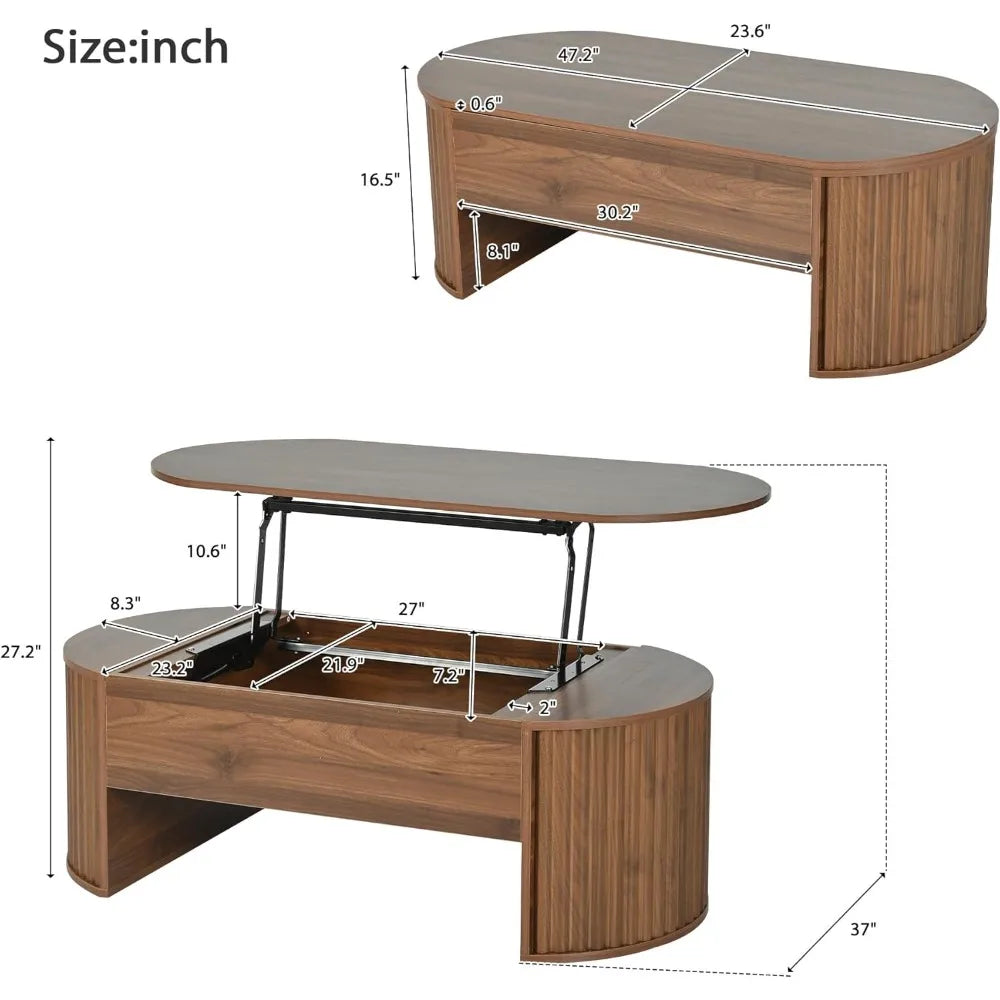 Coffee Table with Lift-Top - Mid Century Modern – 47.2" Oval Fluted Wood with Hidden Storage