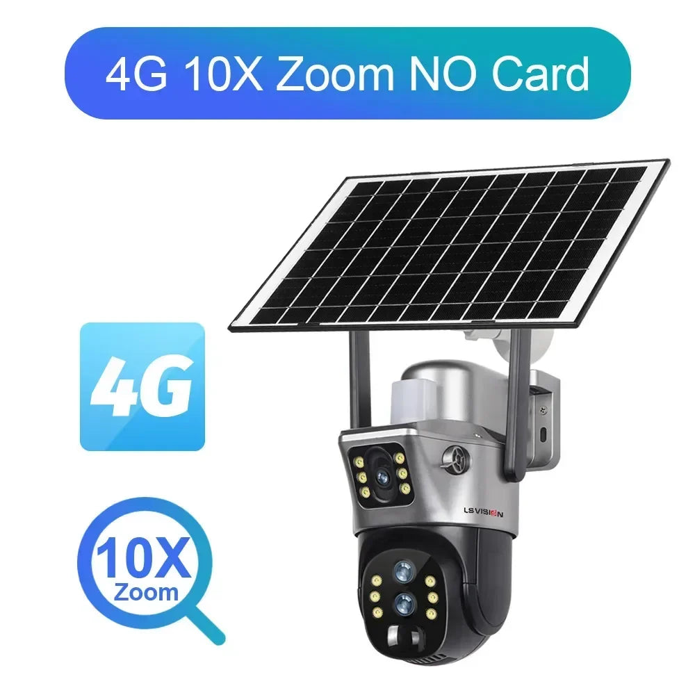 Home Security: Camera: LS VISION 12MP 10X Zoom Dual Screen Solar Camera 6K Ultra HD | Outdoor Surveillance | 4G/WiFi | Three-Lens System | Human Auto Tracking | V380 Pro App