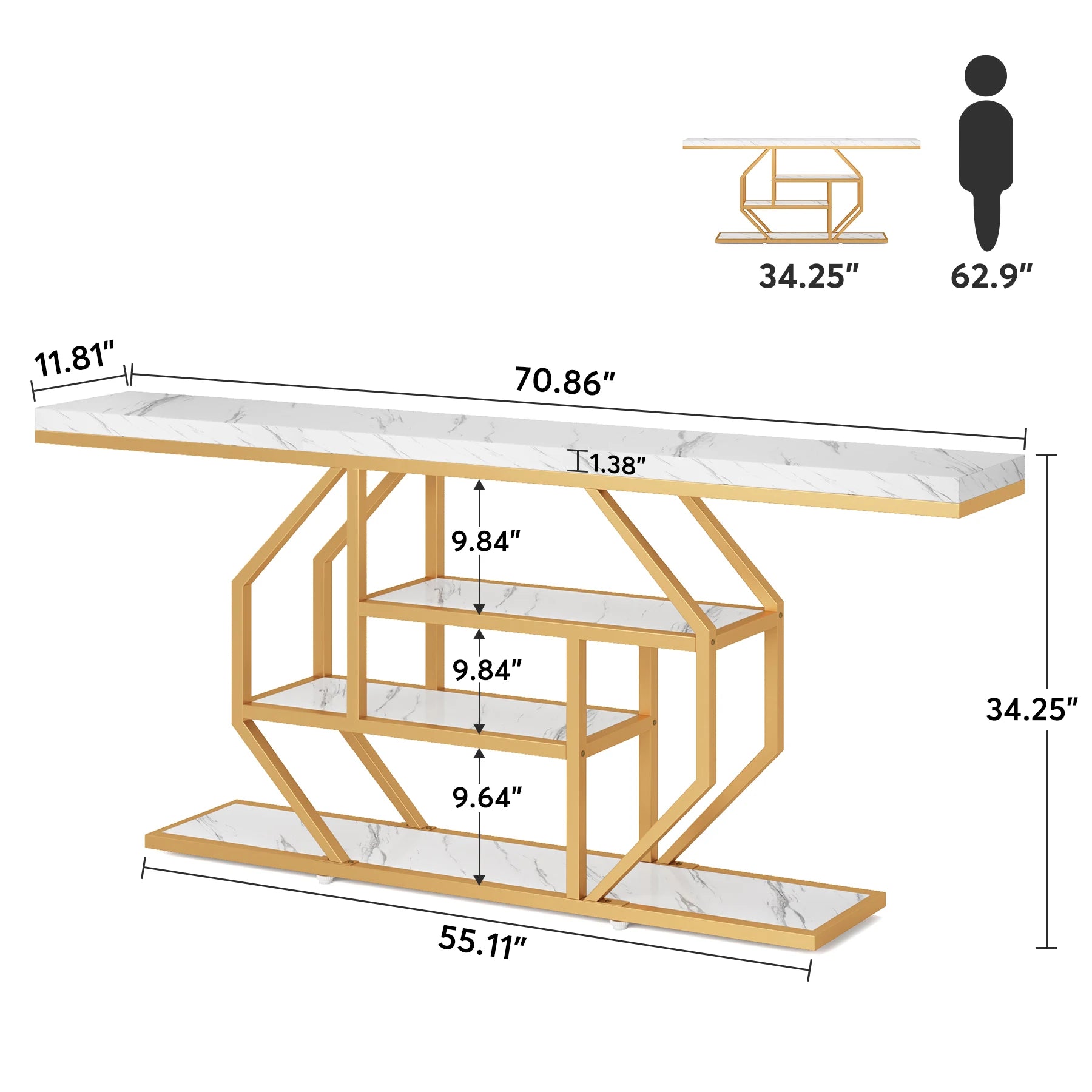 Accent Table-Modern Console Table, Gold, Sofa Table, Behind Couch, 4 Tier Storage, Entryway, Tribesigns