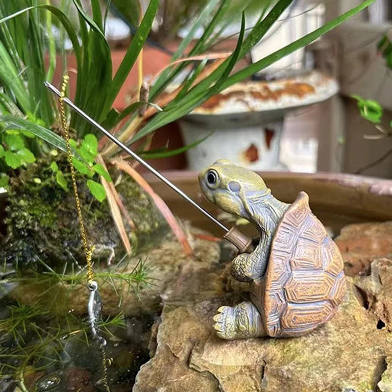 Figurine-Creative Rope Fishing Turtle, Cute Simulation, Turtle Resin Figurine, Animal Sculpture, Outdoor, Home, Garden