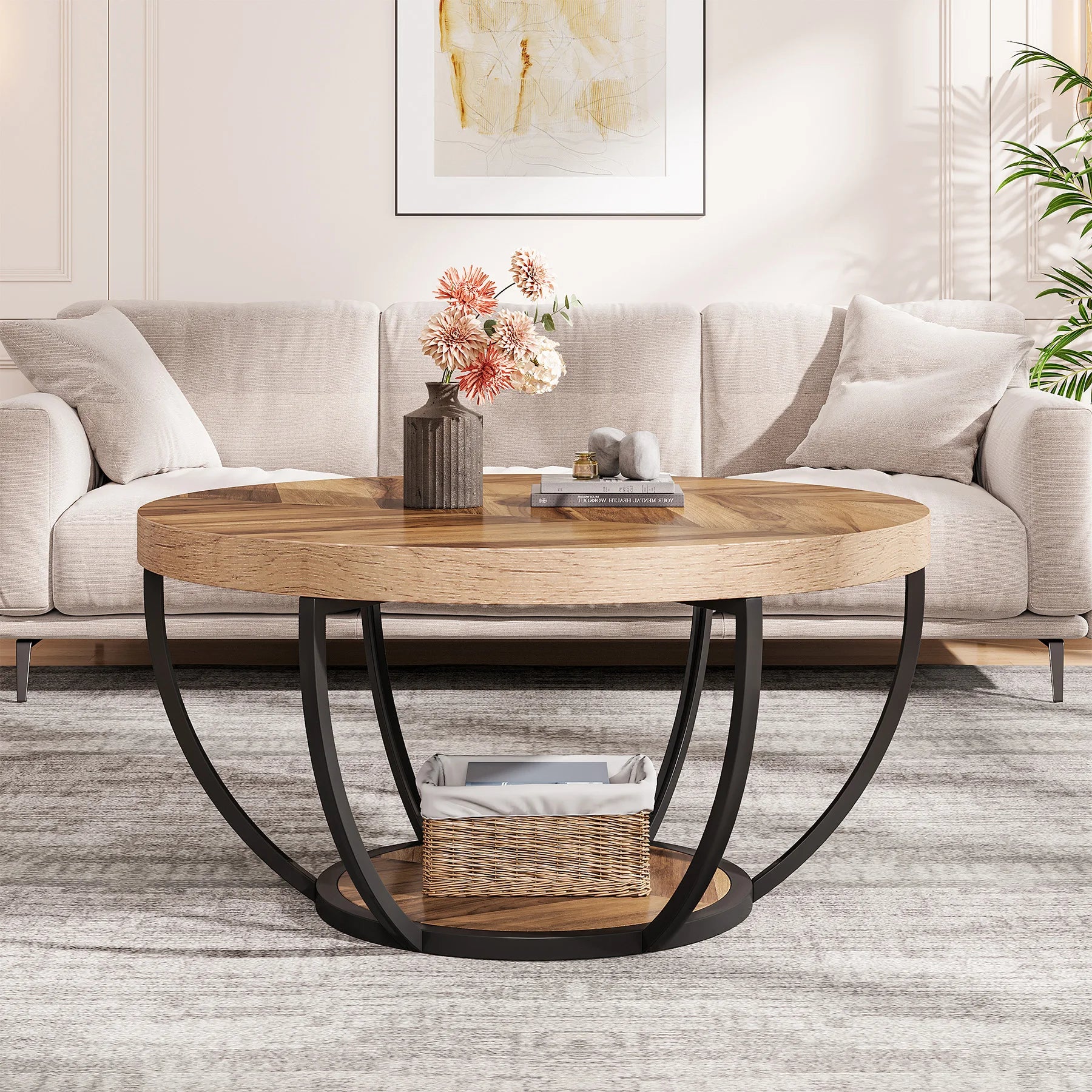 Coffee Table-Tribesigns 31.7 inch Round Coffee Table, Industrial 2-Tier Circle Coffee Table with Storage Shelves, Modern Wooden Accent Table