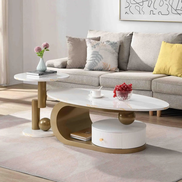 Coffee Table Set-Modern Nesting Oval Coffee Table Set, Faux Marble Top, Gold Metal Base, Living Room, 2pcs, Customized