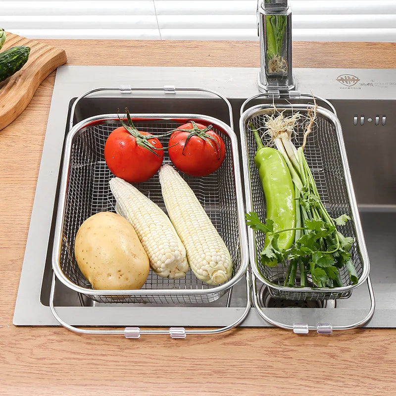 Home Kitchen: Strainer Drainer: Sink Basket - 304 Stainless Steel Expandable Colander - Vegetables, Fruits, Pasta and Dishes