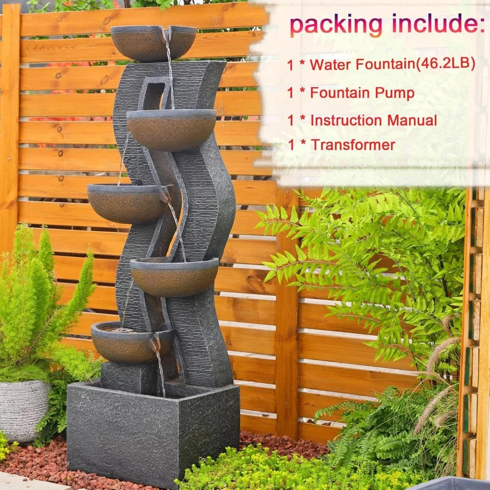 Water Fountain - 6-Tier Resin Garden Fountain – 52.8" - Wave Bowl Design for Courtyard, Patio, or Home Landscape