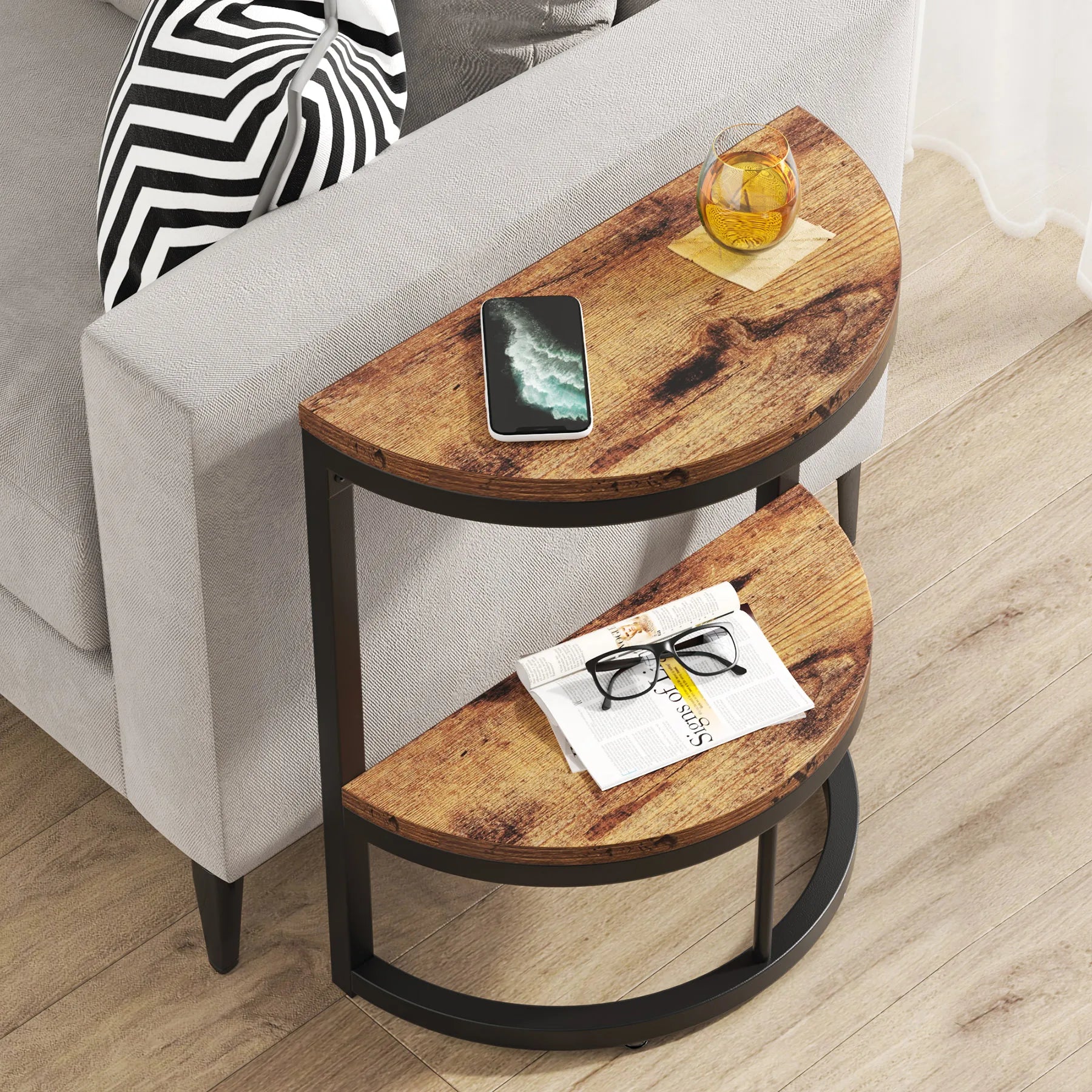 End Table-Semi Circle, Small Half Round, Side Table with Storage Shelf, Accent Table, Slim C Table for Sofa Couch, Tribesigns