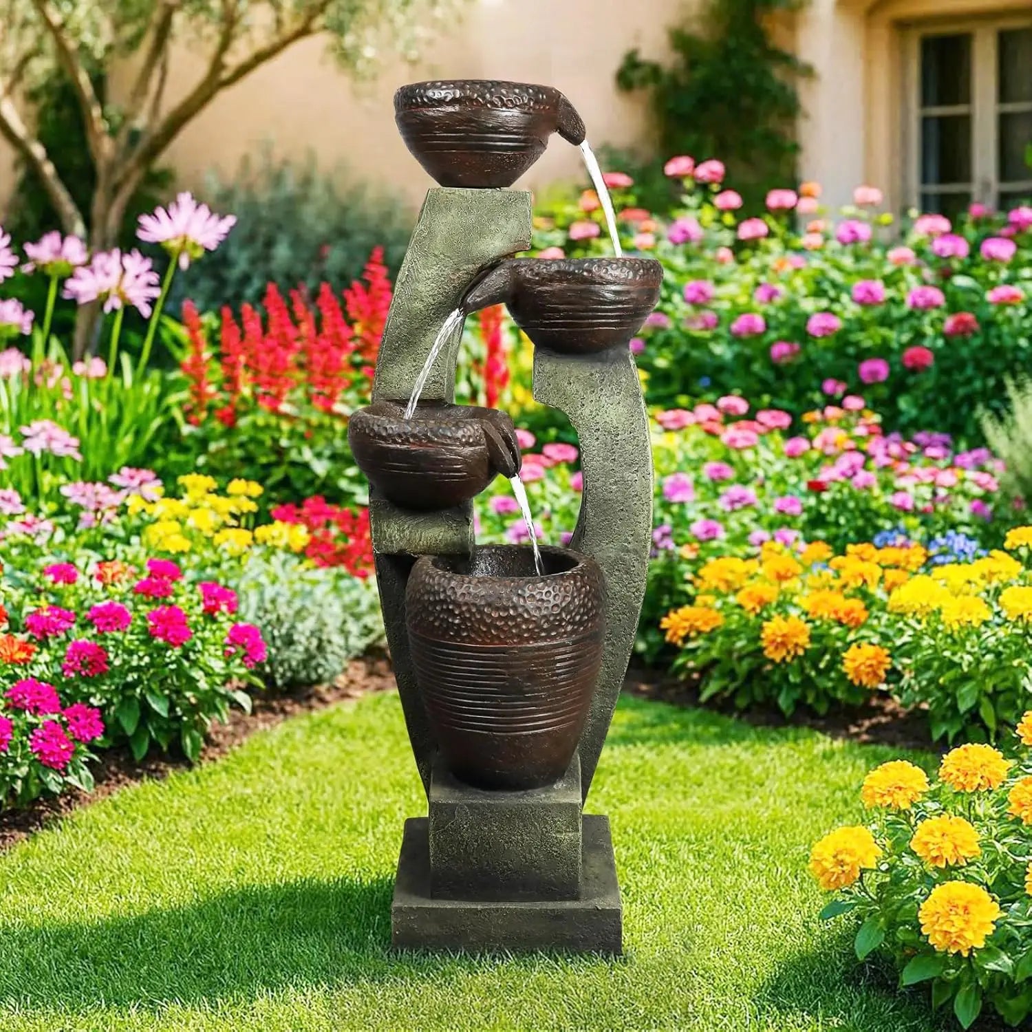 Water Fountain-LED Lights, 4-Tier Crocks, 40 in Tall, Outdoor Waterfall, Large Garden Fountain