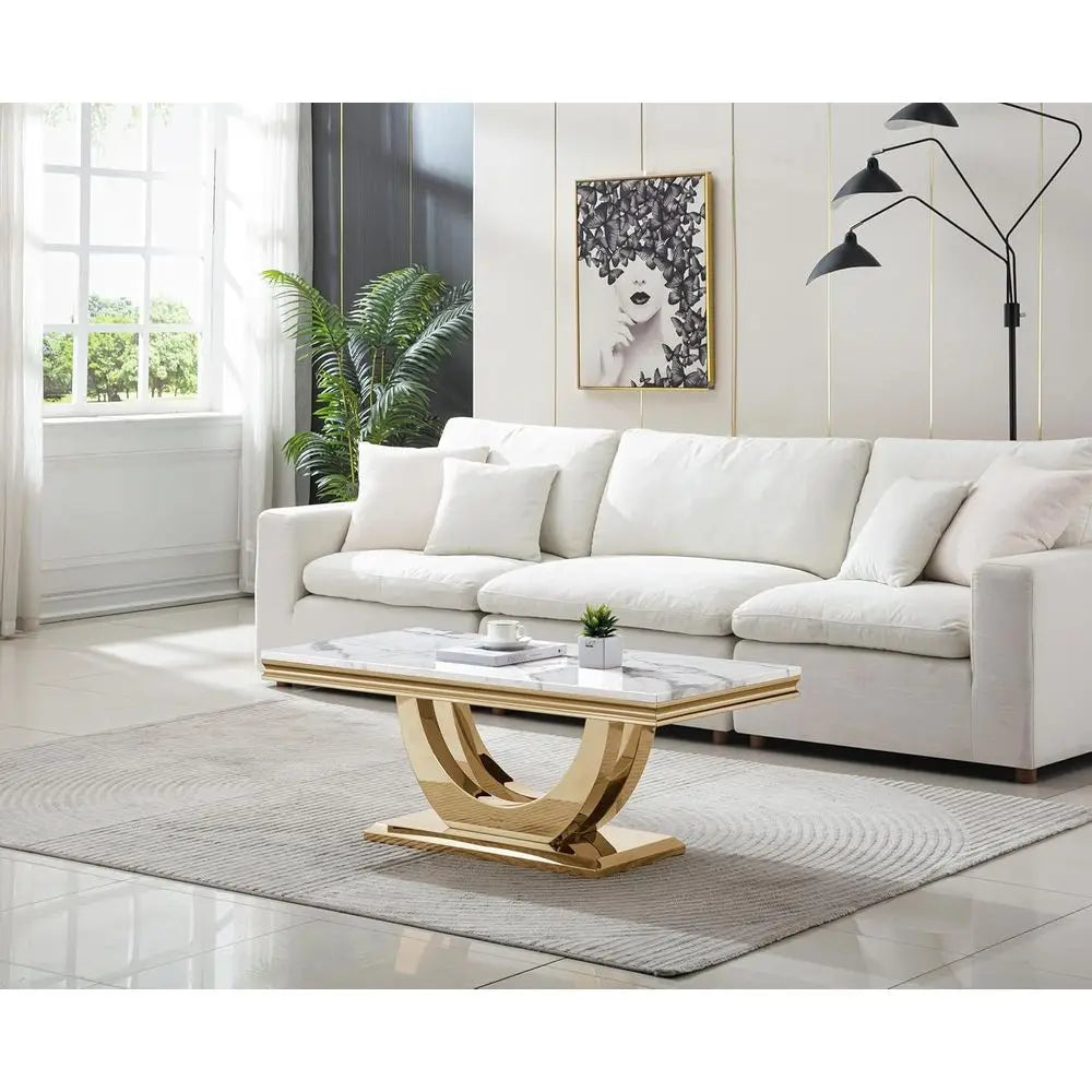 Coffee Table-Table Set, Marble Coffee Table, Square End Side Tables, Stainless Steel Legs, 2-Piece Living Room