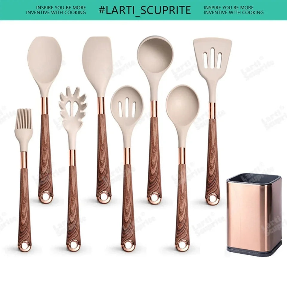 Kitchen- Heat-Resistant Silicone Cooking Set with Gold-Plated Handles – BPA-Free Kitchen Gadgets