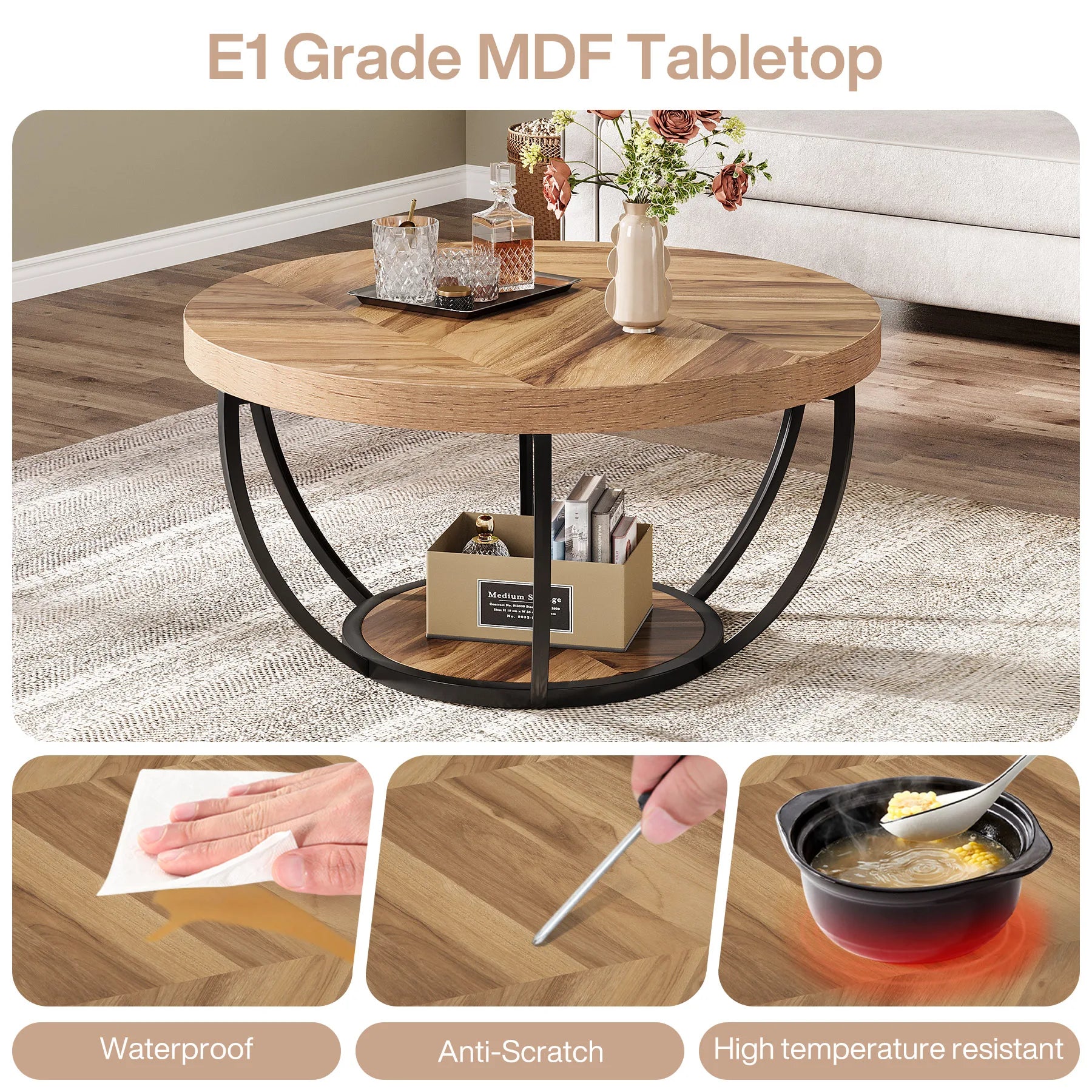 Coffee Table-Tribesigns 31.7 inch Round Coffee Table, Industrial 2-Tier Circle Coffee Table with Storage Shelves, Modern Wooden Accent Table