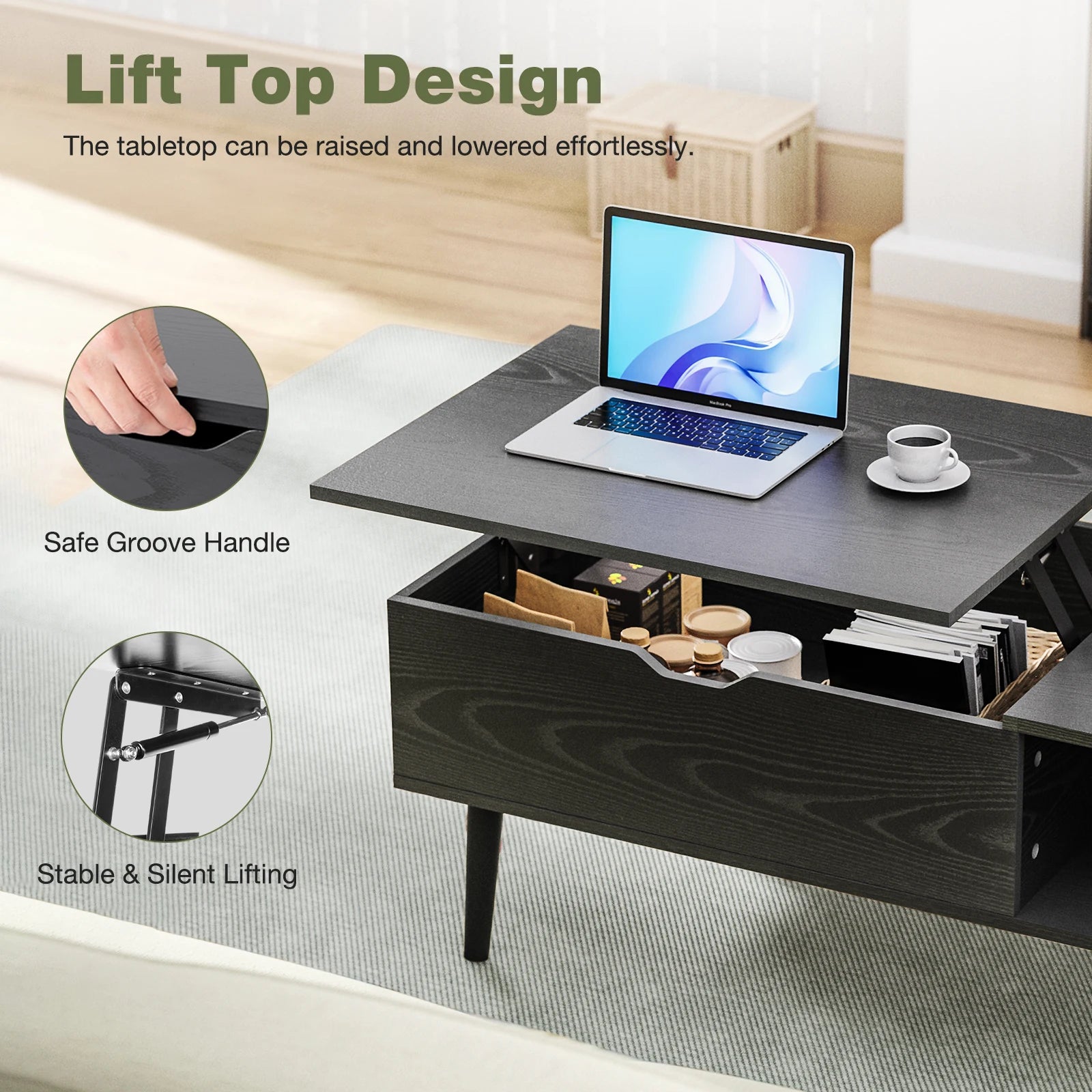 Coffee Table - Adjustable Lift-Top by JHK – Multifunction Tea & Dining Table with Hidden Storage