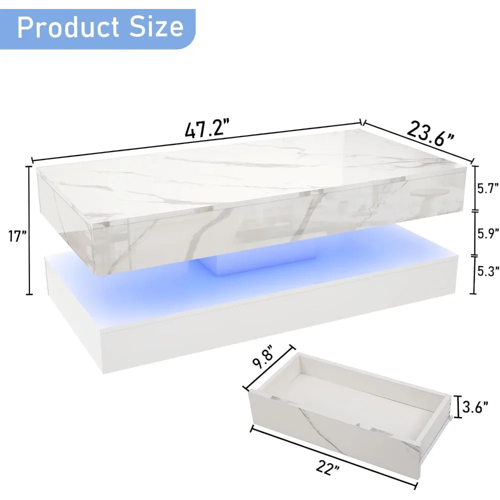 Coffee Table-47.2 High Glossy LED Coffee Table, Modern Center Table with 2 Storage Drawers for Living Room