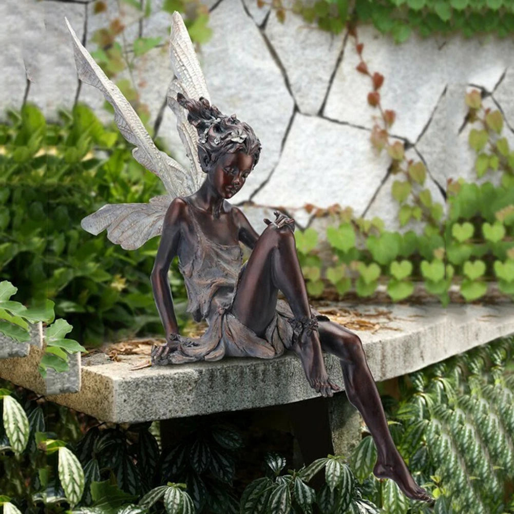 Resin Figurine - Outdoor Fairy Sculpture – Sitting Angel Ornament for Garden, Patio, or Lawn Decoration