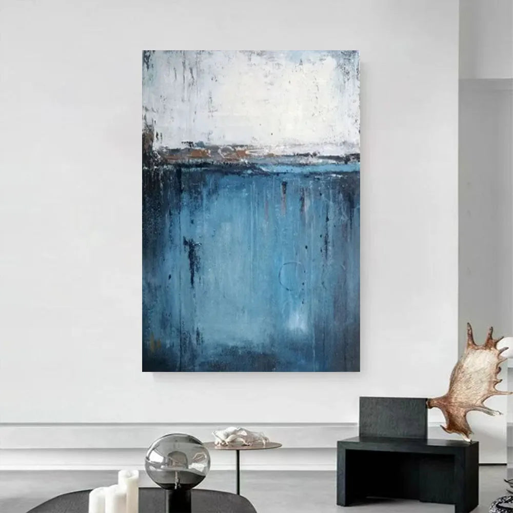 Abstract Oil Painting On Canvas-Handmade, Texture Wall Art, Pattern C-Blue And Off-White