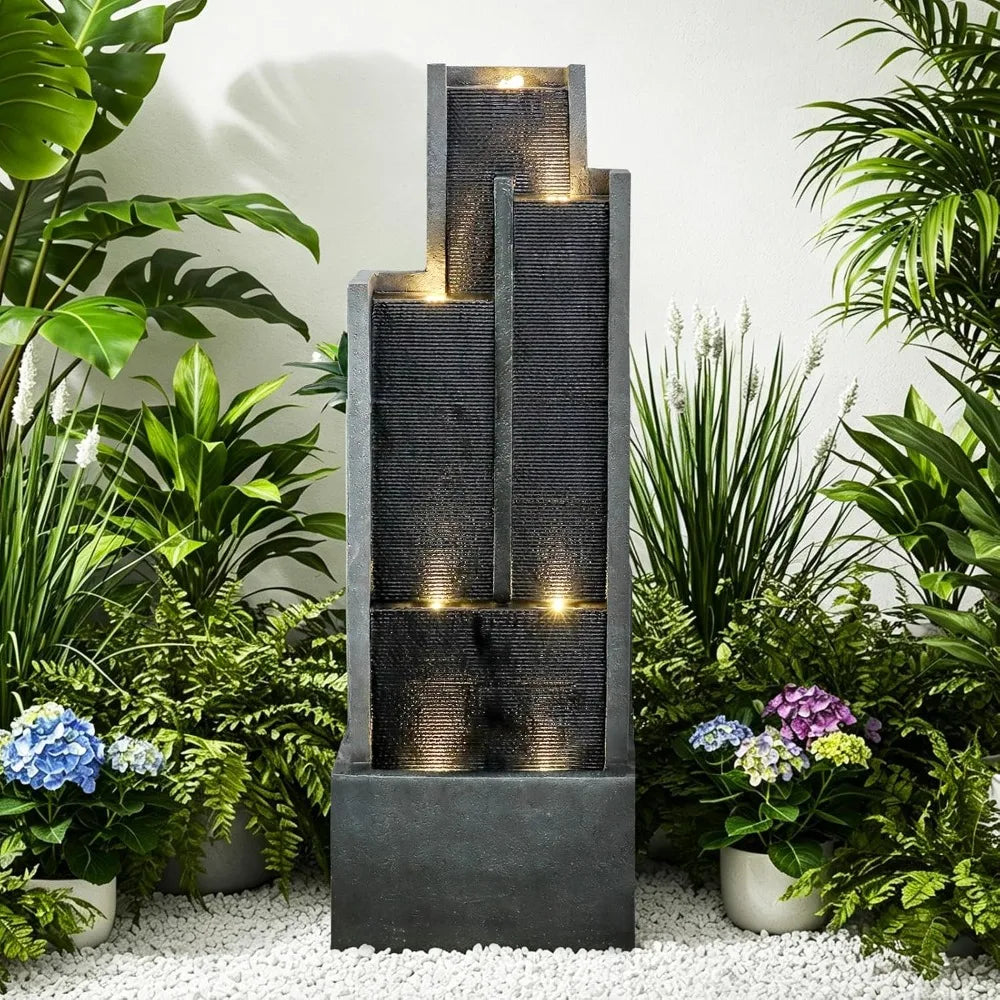 Water Fountain-Modern Outdoor Water Fountain with LED Lights Pump 50.7 Inch Tall Resin Cascading Waterfall for Garden Patio Backyard