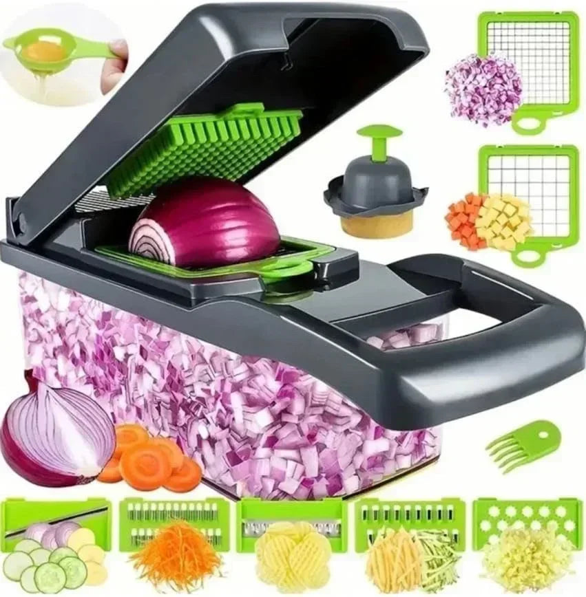 Kitchen-Multifunctional Vegetable Chopper & Slicer 14/16-in-1 with Basket – Shredder & Grinder for Fruits & Veggies