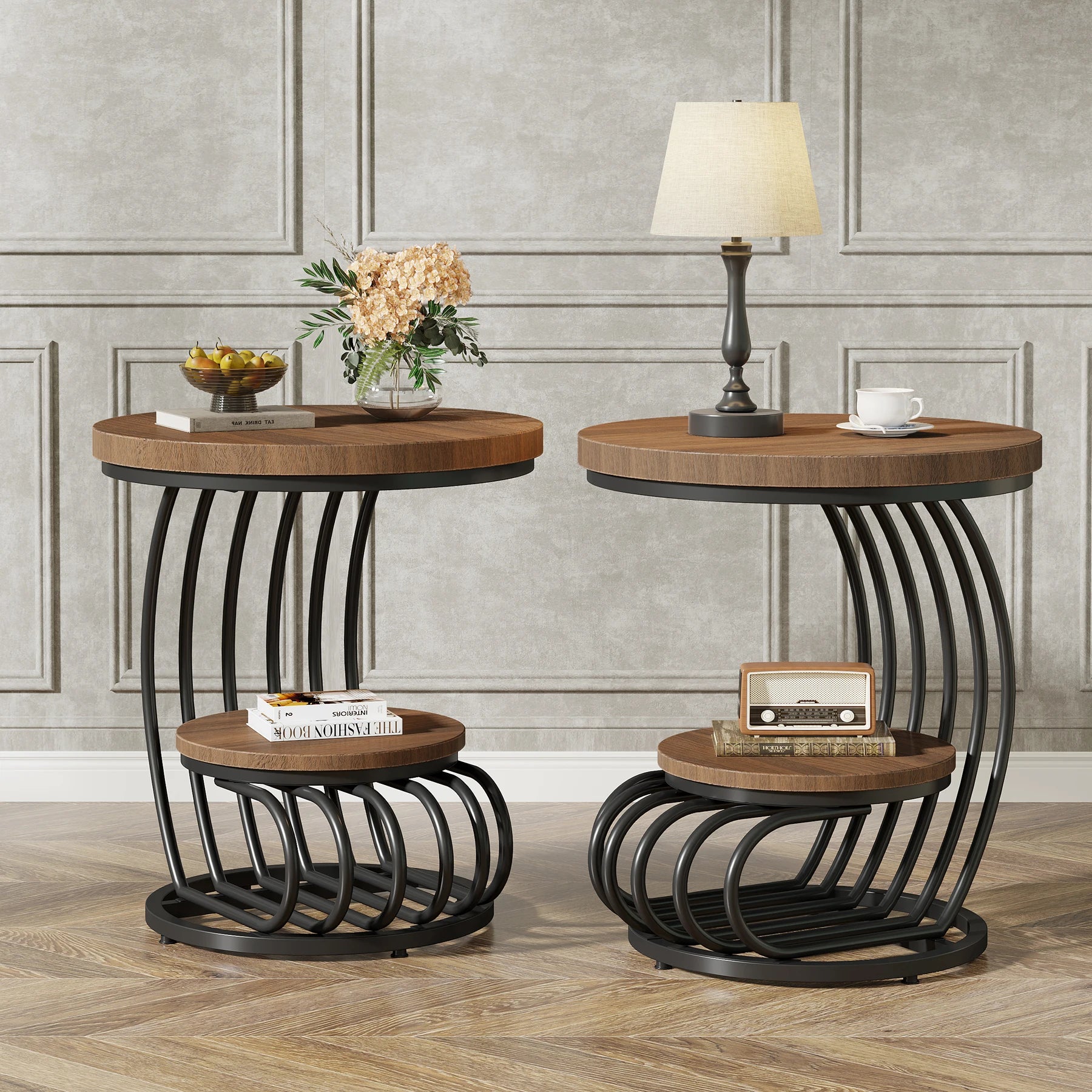 Accent Table-Gold Round Table, 2 Tiers Faux Marble Side Table, Table with Storage Shelf, Modern White Gold Bedside Table, Tribesigns