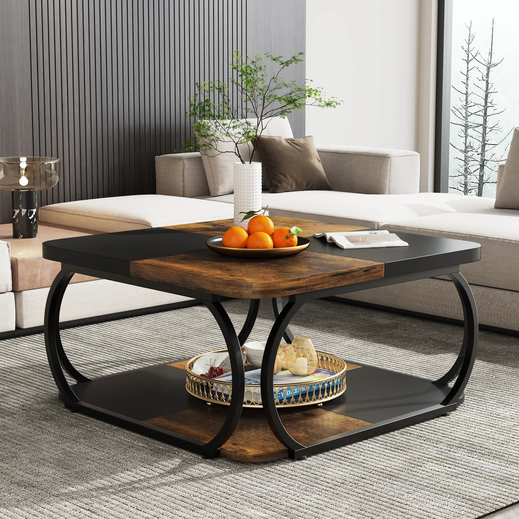 Coffee Table-Tribesigns Square Coffee Table, with 2 Tiers, 40 inches, Low Farmhouse Coffee Table, with Wood Storage Shelf, Heavy Duty Metal Curve