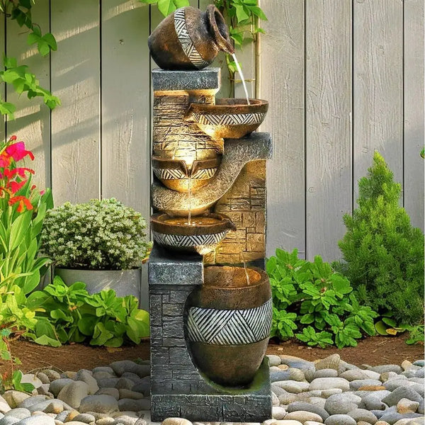 Water Fountain- 5-Tiers Indoor/Outdoor Water Fountain, 42.5 inches, Modern Floor-Standing Cascading Water Feature