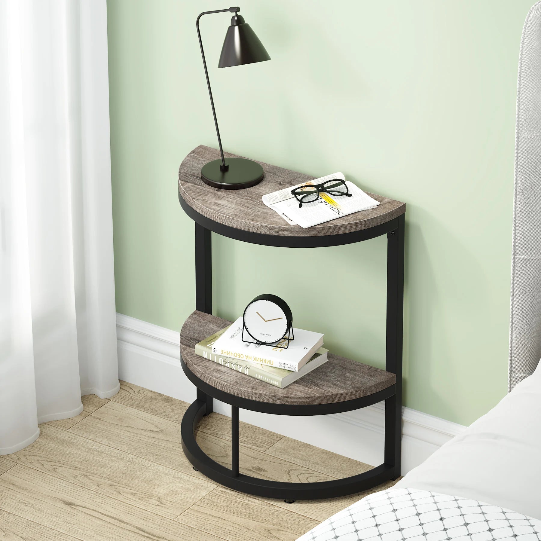 End Table-Semi Circle, Small Half Round, Side Table with Storage Shelf, Accent Table, Slim C Table for Sofa Couch, Tribesigns