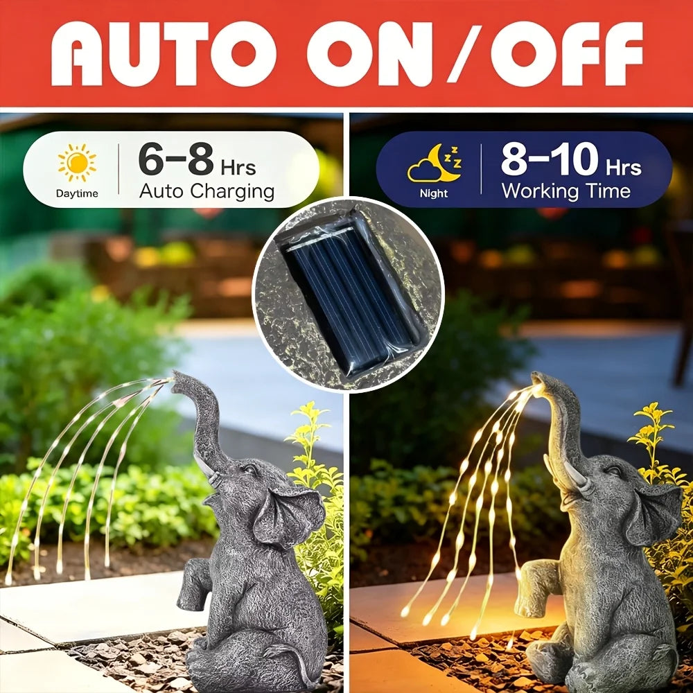Figurine-Elephant Sculpture, Solar Water Spraying Elephant Sculpture, Outdoor, IP44 Waterproof, LED Lucky Elephant Ornament, Solar Light Sculpture