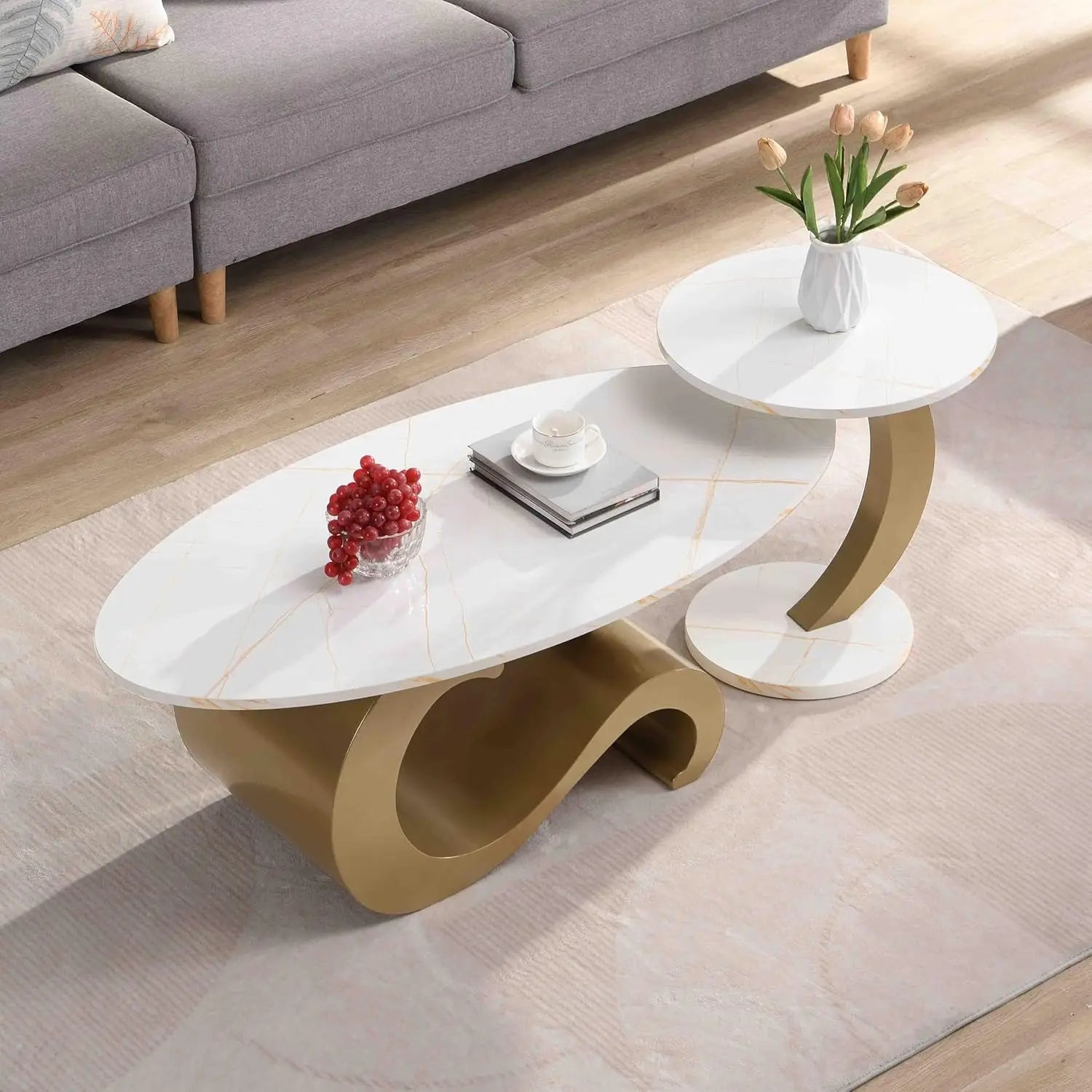 Coffee Table Set-Modern Nesting Oval Coffee Table Set, Faux Marble Top, Gold Metal Base, Living Room, 2pcs, Customized