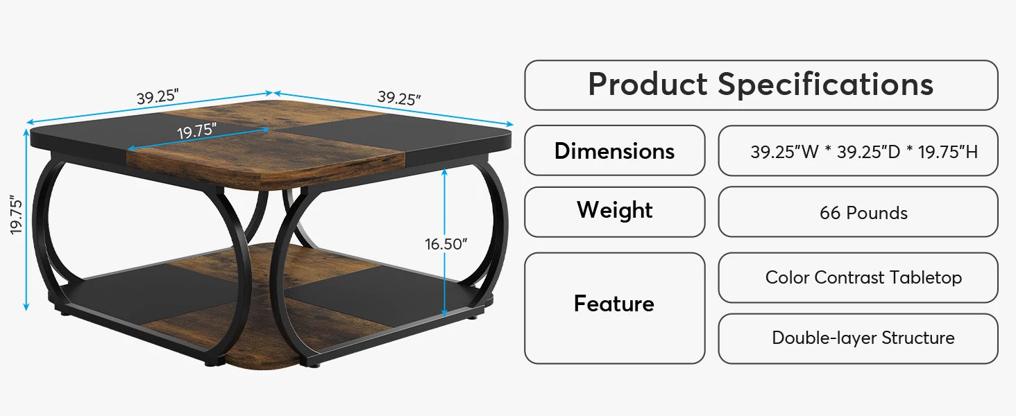 Coffee Table-Tribesigns Square Coffee Table, with 2 Tiers, 40 inches, Low Farmhouse Coffee Table, with Wood Storage Shelf, Heavy Duty Metal Curve