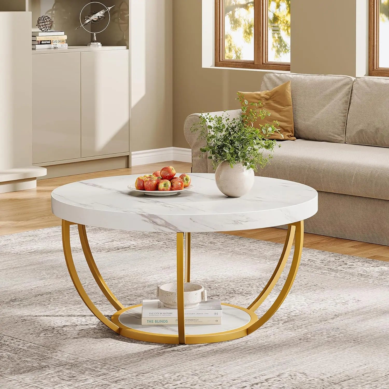 Accent Table-Circle Marble 32 inch – Modern Stylish 2-Tier Center Table