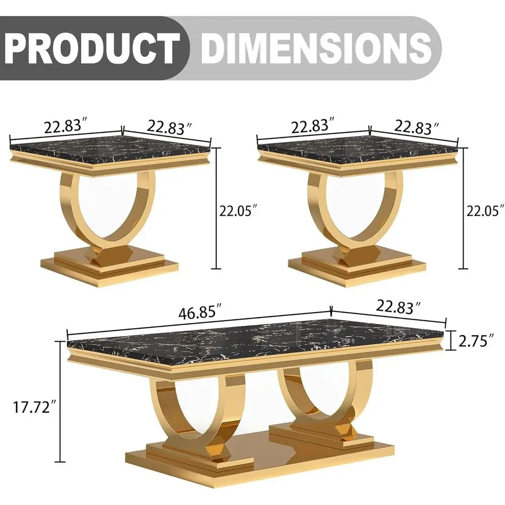 Coffee Table Set- 3-Piece set, 1 Rectangular Coffee Table, 2 Square Side Tables, Elegant Living Room Furniture with Black Marble Top