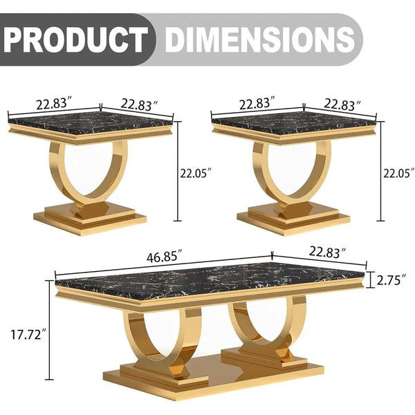 Coffee Table Set- 3-Piece set, 1 Rectangular Coffee Table, 2 Square Side Tables, Elegant Living Room Furniture with Black Marble Top