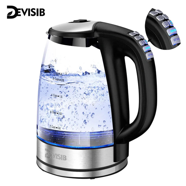 Electric Glass Kettle-2200W Fast Boiling, Temperature Control, 4-Hour Keep Warm, 2.0L Tea Kettle & Hot Water Boiler, by DEVISIB