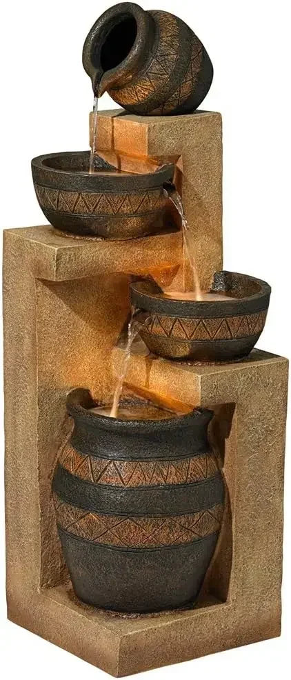 Outdoor Decor: Floor Fountain: Cascading Rustic Outdoor Floor Three Jugs Fountain and Waterfalls