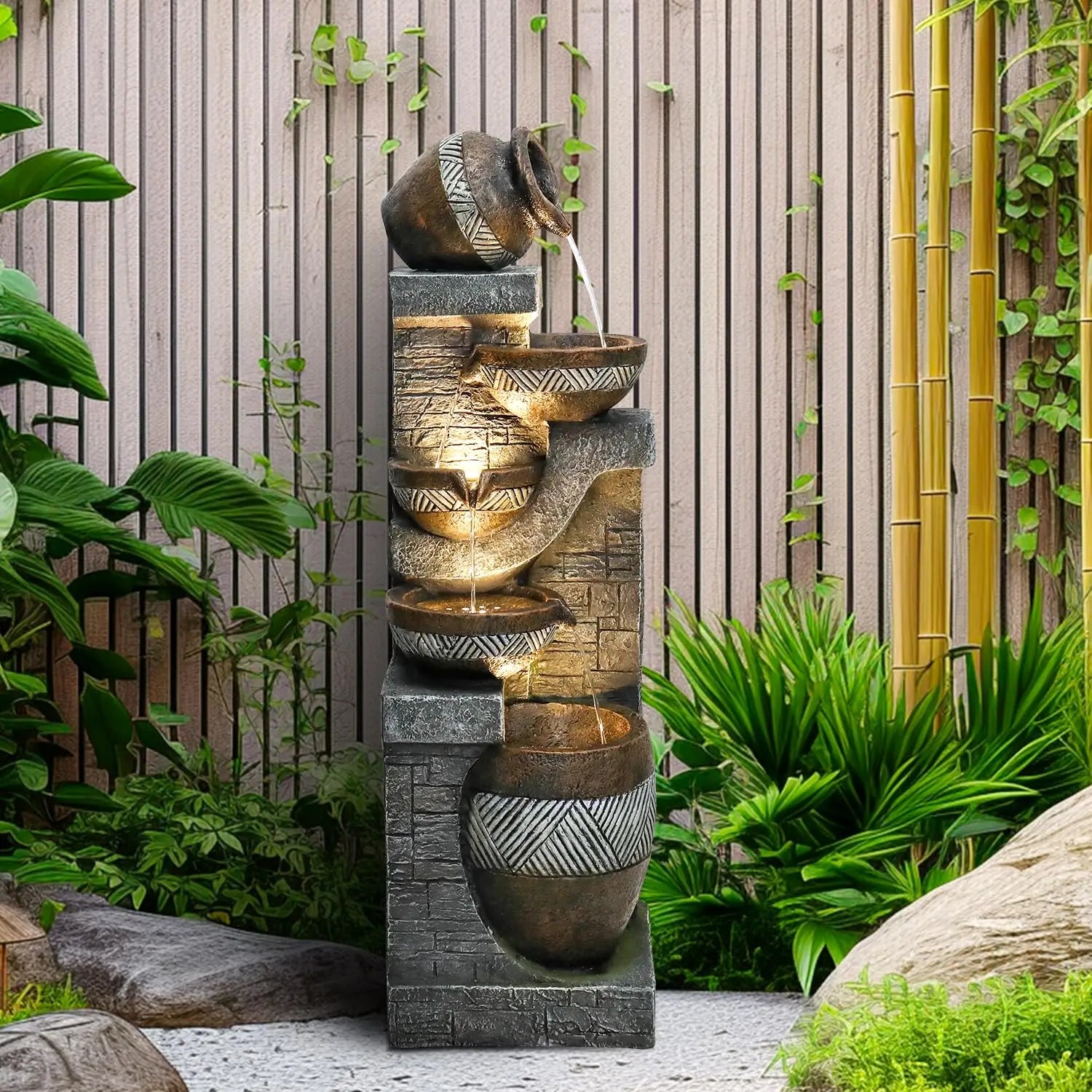 Water Fountain- 5-Tiers Indoor/Outdoor Water Fountain, 42.5 inches, Modern Floor-Standing Cascading Water Feature