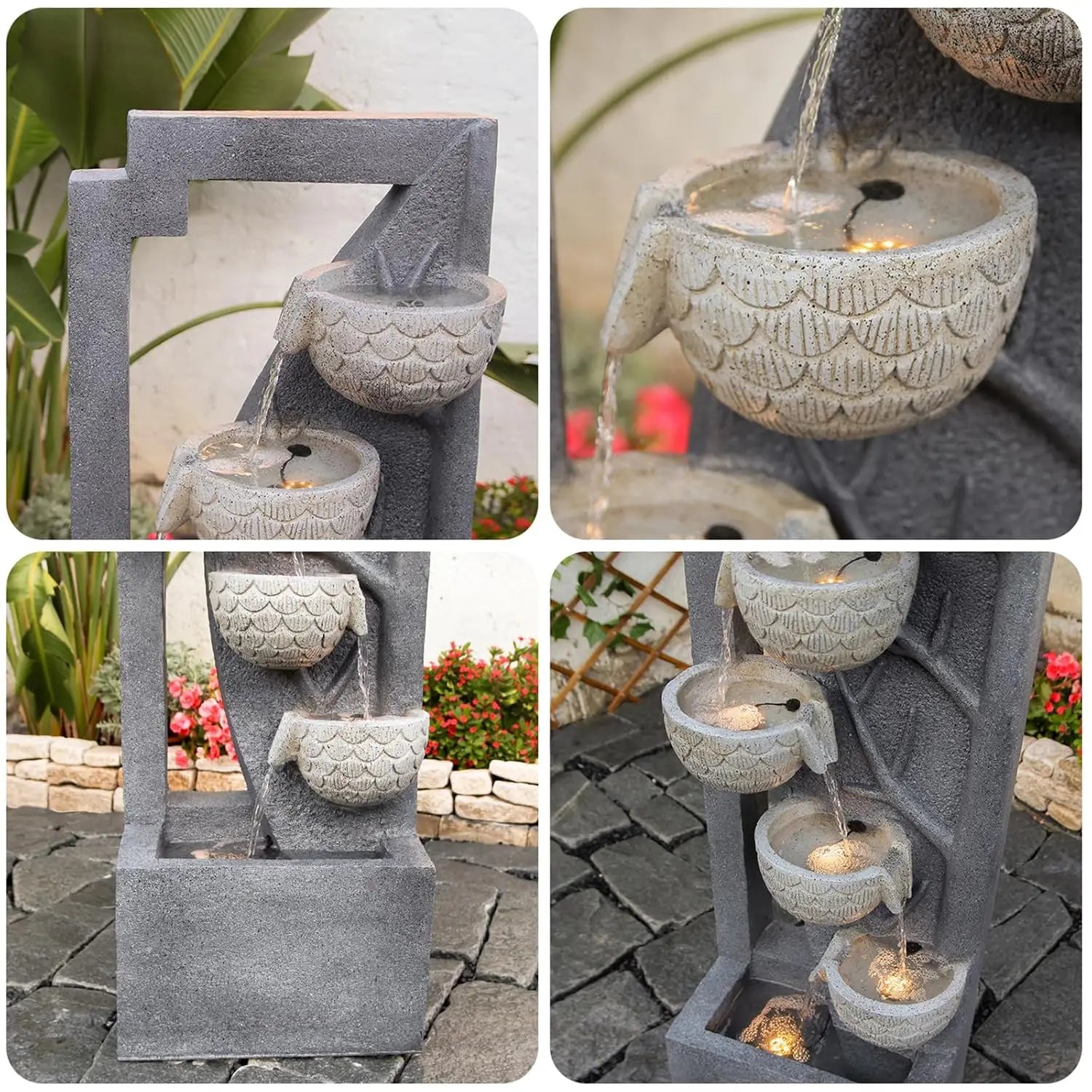 Water Fountain-LED lights, 6 Tier Waterfall, Floor Standing, Indoor/Outdoor, Bowl Stone